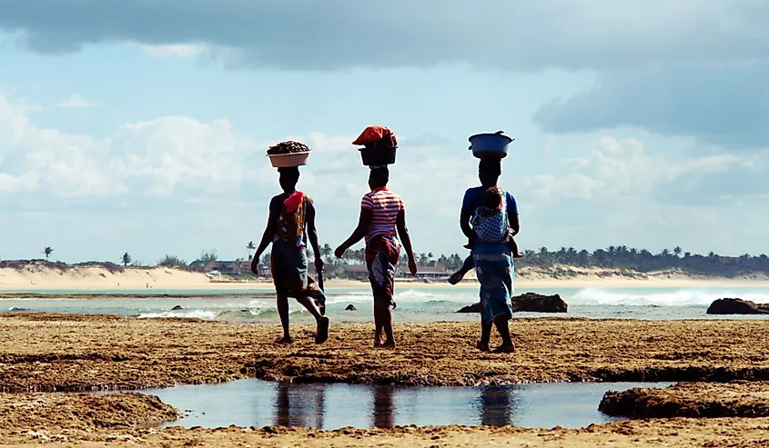 Mozambik, Tofo plajında ​​midye aradıktan sonra eve yürüyen kafasına sepet ve bebek taşıyan Mozambikli kadınlar