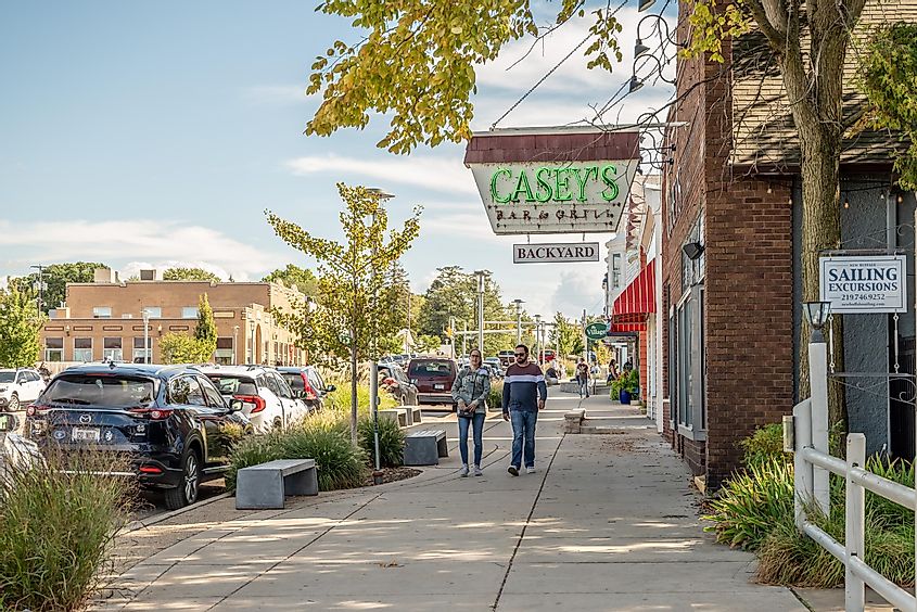 New Buffalo, Michigan: People explore the quaint downtown area, passing Casey's Diner.