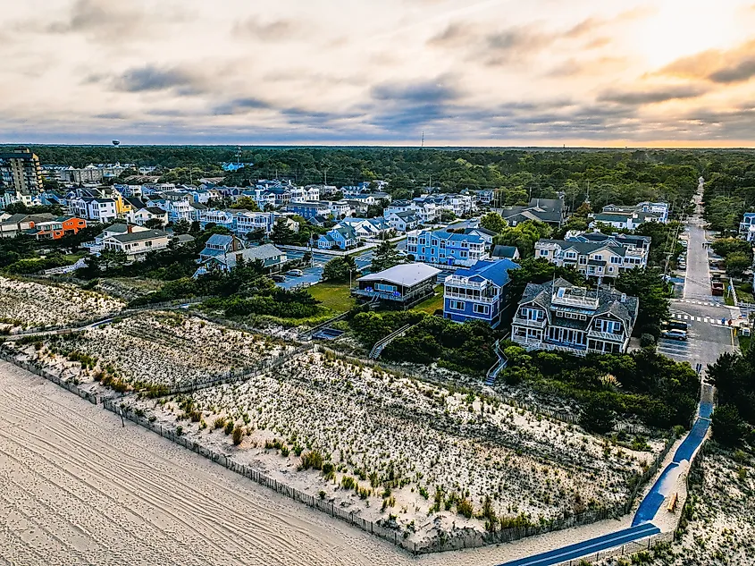 Aerial view of Bethany Beach, Delaware, at sunset.