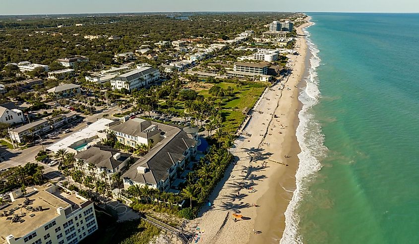 Aerial shot Vero Beach hotels and condominium buildings