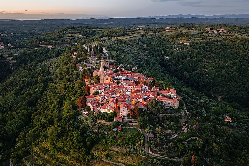 Aerial view of the historic hilltop village of Grožnjan surrounded by green countryside in Croatia