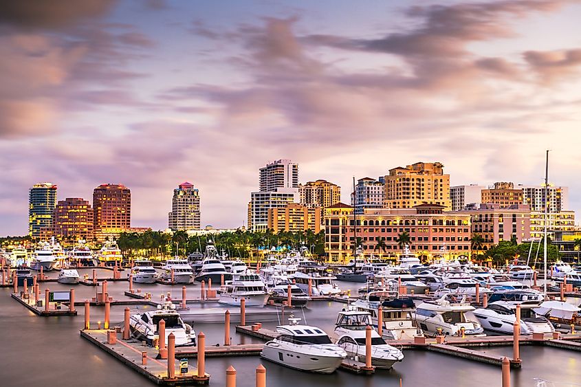 West Palm Beach, Florida, USA downtown skyline on the Intracoastal Waterway at dusk.