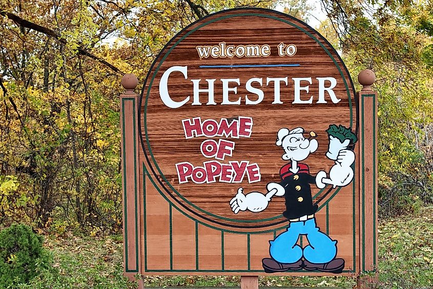 Sign entering the town of Chester, Illinois.