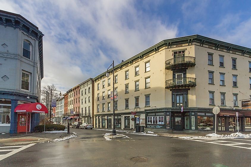 A landscape view of intersection of West Strand Street and Broadway in the historic Rondout.