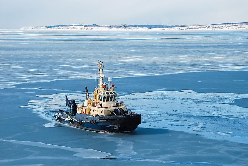 A large vessel sailing in the Aniva Bay.