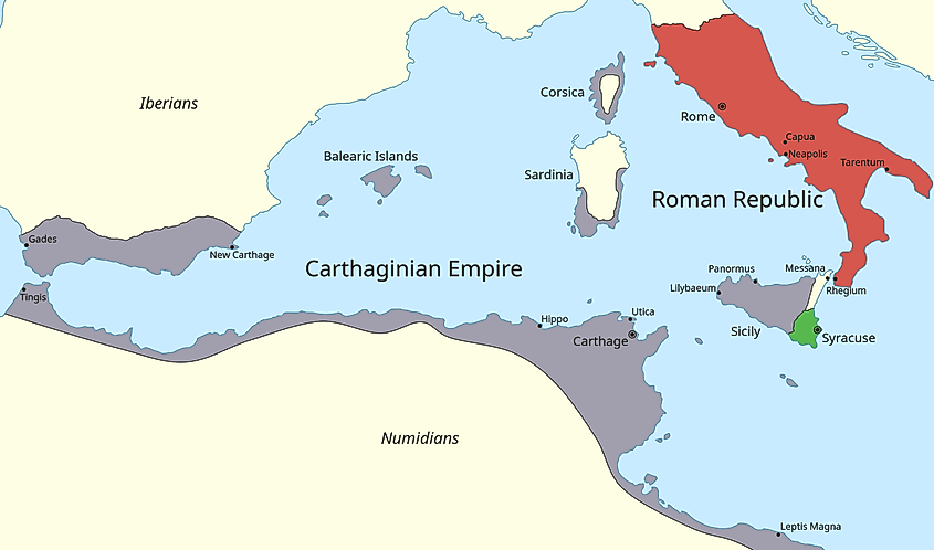 Map of the western Mediterranean Sea in 264 BC, focusing on the states involved in the First Punic War.