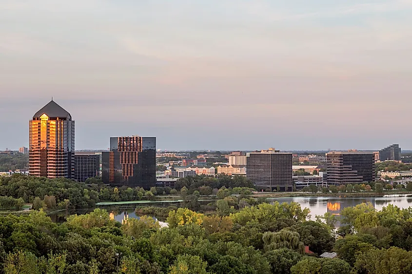 A medium shot of Lake Normandale Office Block reflecting a late summer sunset in Bloomington, Minnesota