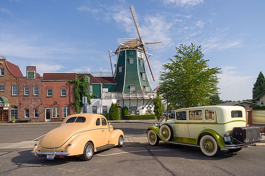Classic cars with a Dutch Mill in Lynden, Washington