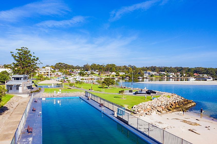 Low aerial view of Huskisson on the New South Wales South Coast, Australia