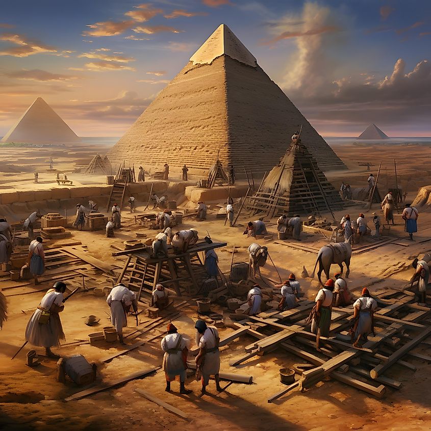 An illustration showing laborers working to build the Pyramids of Giza.