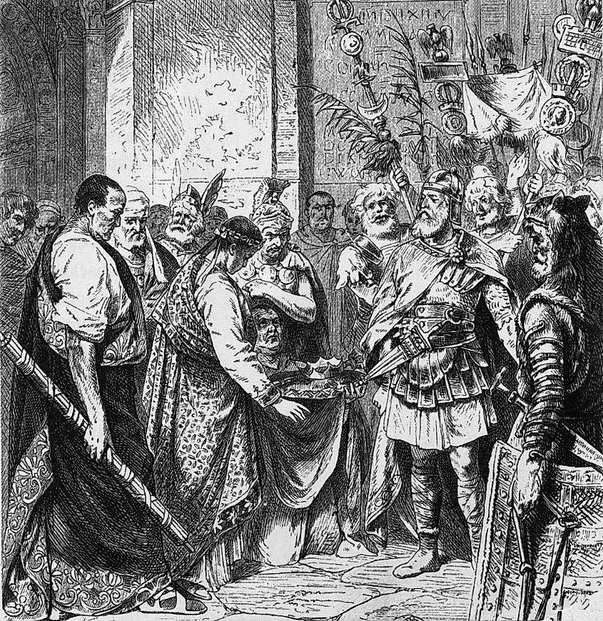 Romulus Augustus resigns the Crown (from a 19th-century illustration).