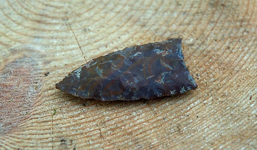 Ancient stone knife arrowhead on a cut tree, Russia