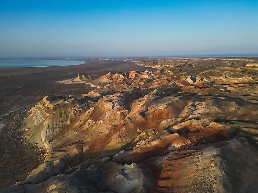 Aerial view follows the curving cliffs of Aktumsuk