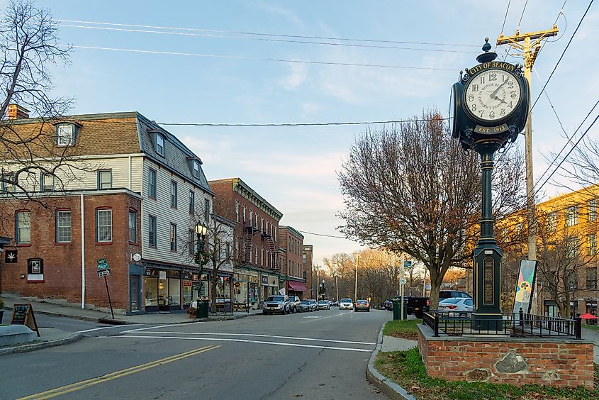 View of brick buildings along the intersection of Main and South Street in Beacon, New York.