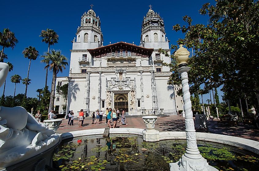 Hearst Castle, exterior view with many people and tourists around