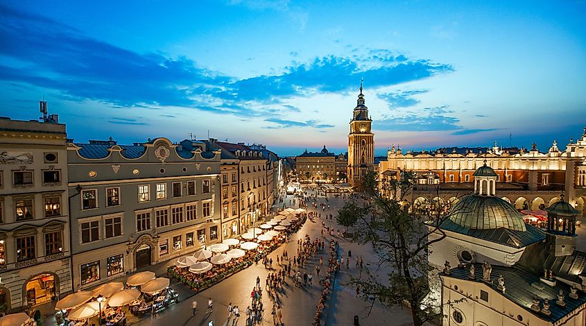Krakow, Poland at night. Image used under license from Shutterstock.com.