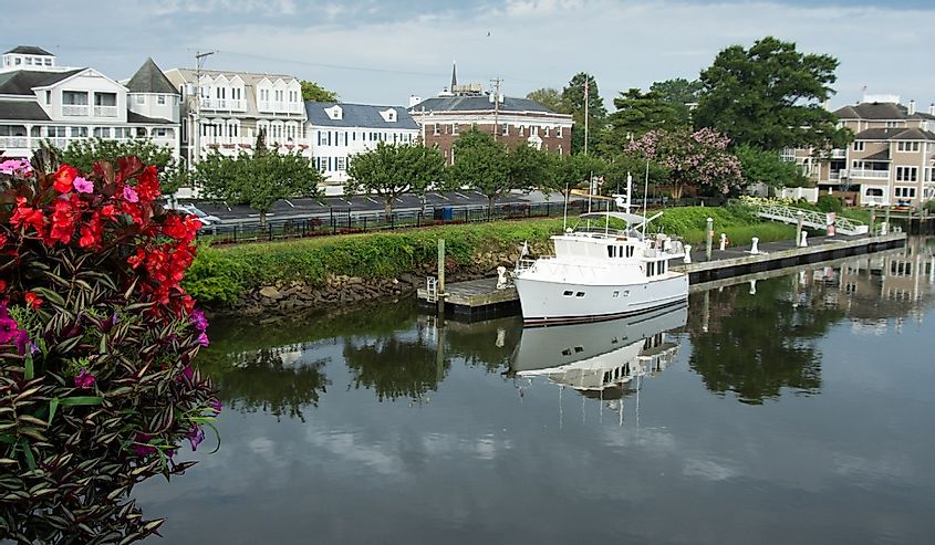 View of downtown Lewes Delaware from bridge with canal