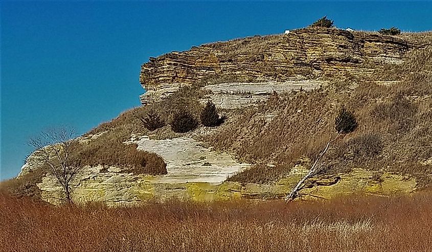 Dakota Formation visible from northbound Kansas Highway K-232 (Post Rock Scenic Byway) approaching Wilson Lake.