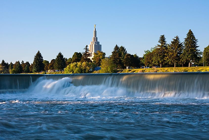 Idaho Falls Temple next to the Snake River in Idaho Falls.