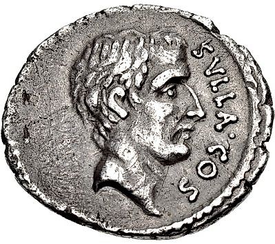 Portrait of Sulla on a denarius minted in 54 BC by his grandson Pompeius Rufus[1]. 