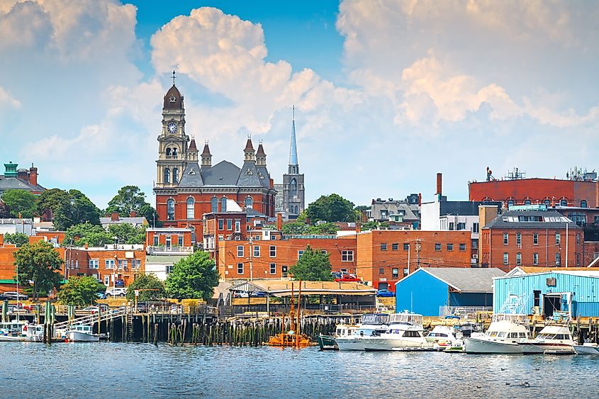 Downtown city skyline on the harbor in Gloucester, Massachusetts.