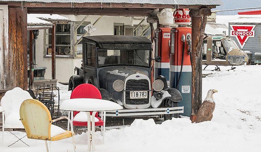 Antique Ford at a restored gas station, America's Miracle Museum, Polson, Montana
