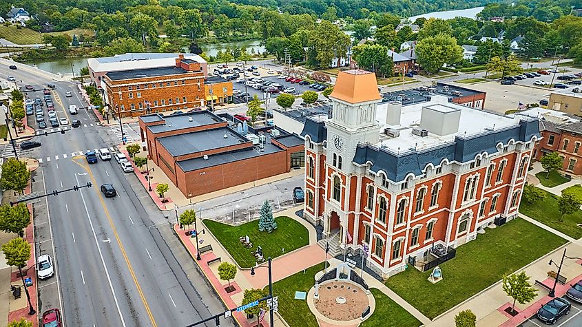 Aerial View of Defiance County Courthouse and Downtown Ohio Urban Grid