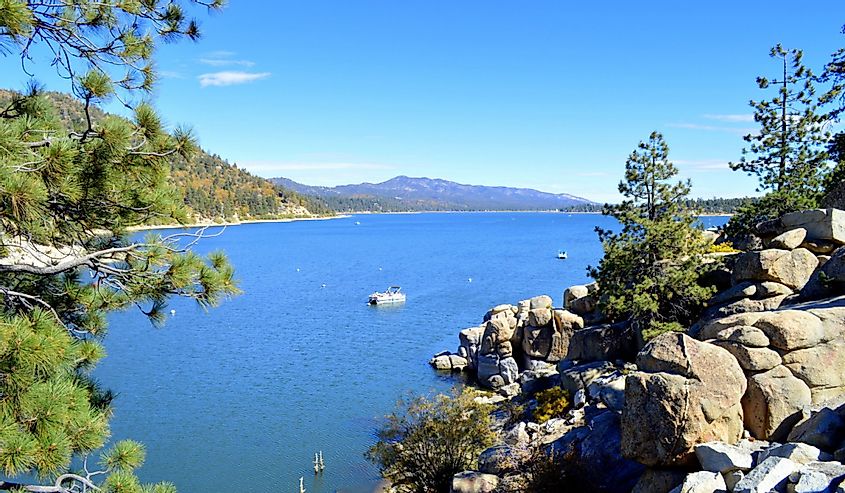 Beautiful view of the Big Bear Lake, California at the entrance from the dam.