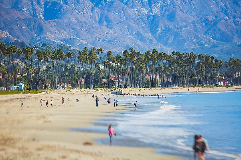 Beach and surrounding mountains at the spectacular California city of Santa Barbara.