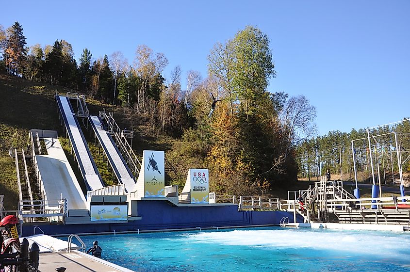 LAKE PLACID, NY, USA - OCT. 3, 2010: Freestyle skiing training in Lake Placid US Olympic Training Site, New York State, USA.