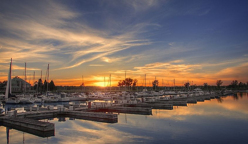 Looking out over the water at sunset, Winthrop Harbor, Illinois Marina.