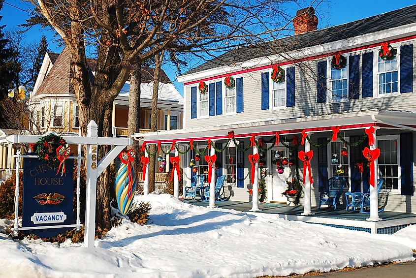 Christmas decorations adorn an inn in Chester, Vermont