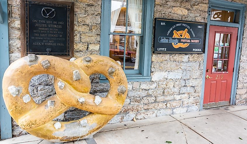 Large Preztel on the front of Sturgis Pretzel House on Main Street in Lititz