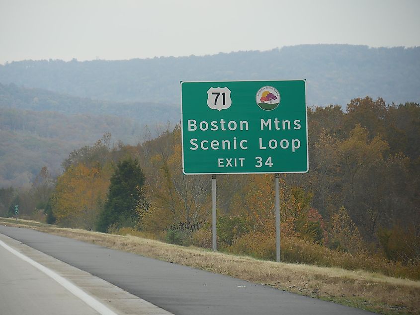 Roadside sign to Boston Mountains Scenic Loop in Arkansas