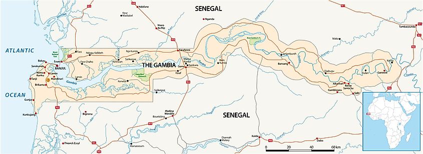 Map showing the course of the Gambia River.