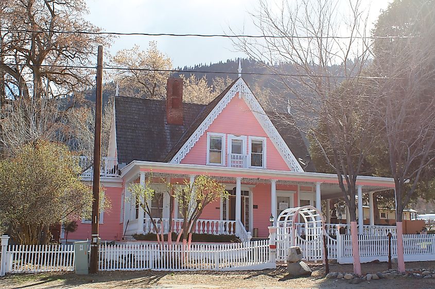 NRHP-listed Reese-Johnson-Virgin House in Genoa, Nevada. Also known as The Pink House.