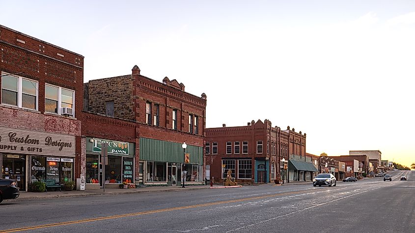 The old business district on Broadway Street in Okemah, Oklahoma