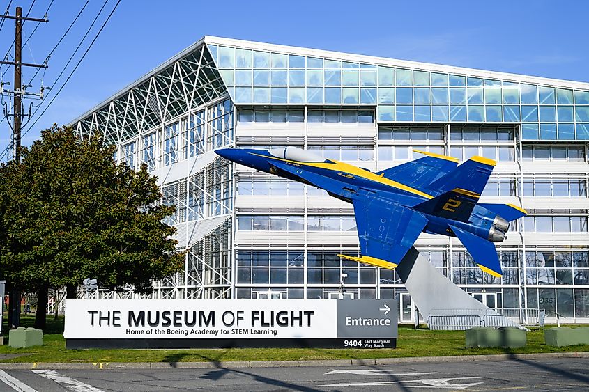 An FA 18 Hornet on display at the entrance to The Museum of Flight in Tukwila south of downtown Seattle