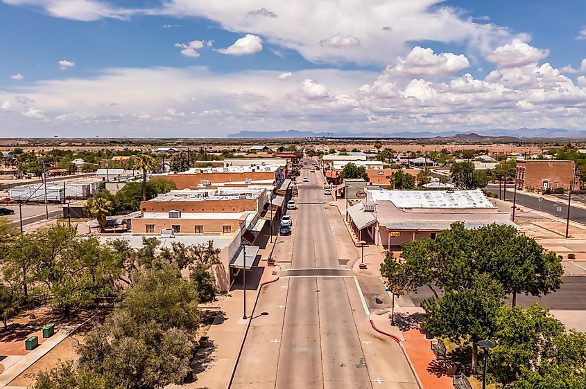 Drone view of Main Street in Downtown Florence, Arizona, USA.