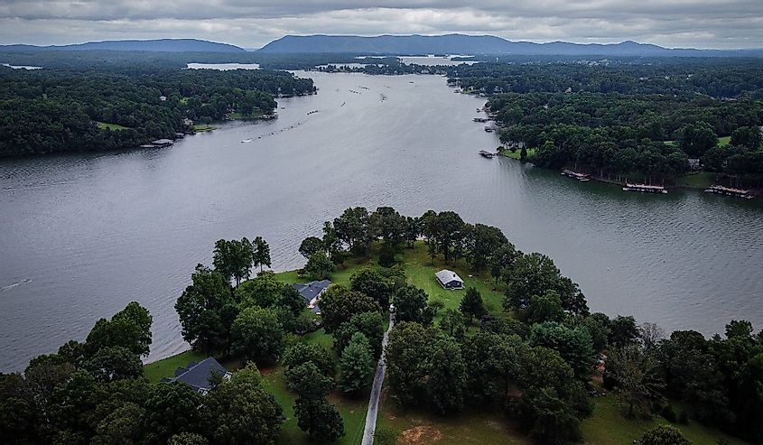 Aerial photo of Smith Mountain Lake in Virginia on a cloudy summer day