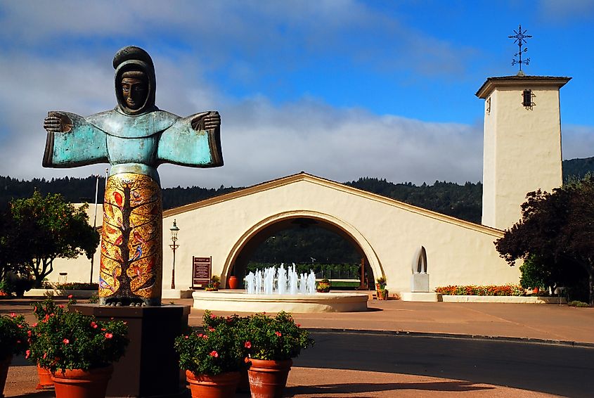 A statue of St Francis adorns the front courtyard of a winery in St, Helena, California