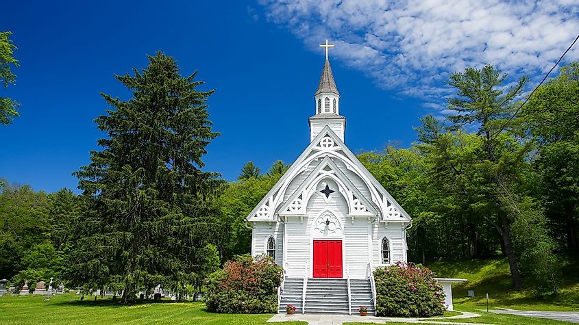 Beautiful St. Bridget's Church near Housatonic River in Cornwall, Connecticut.