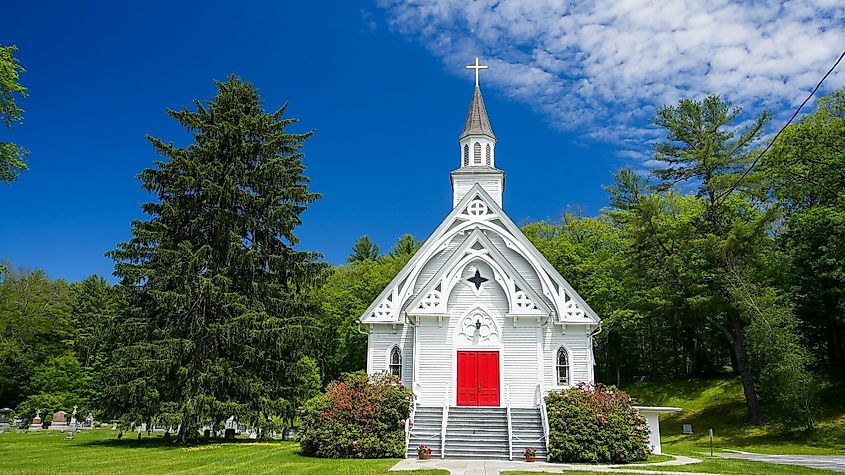 Beautiful St. Bridget's Church near Housatonic River in Cornwall, Connecticut. 