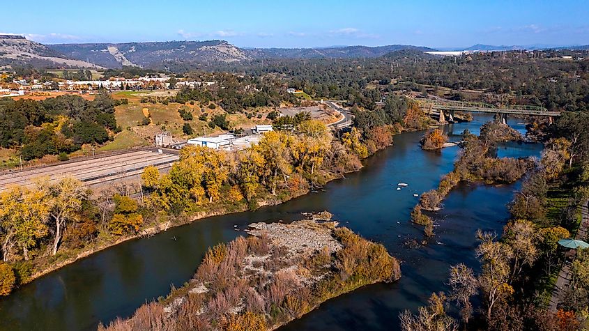 Afternoon autumn aerial view of the Feather River as it runs through Oroville, California, USA.