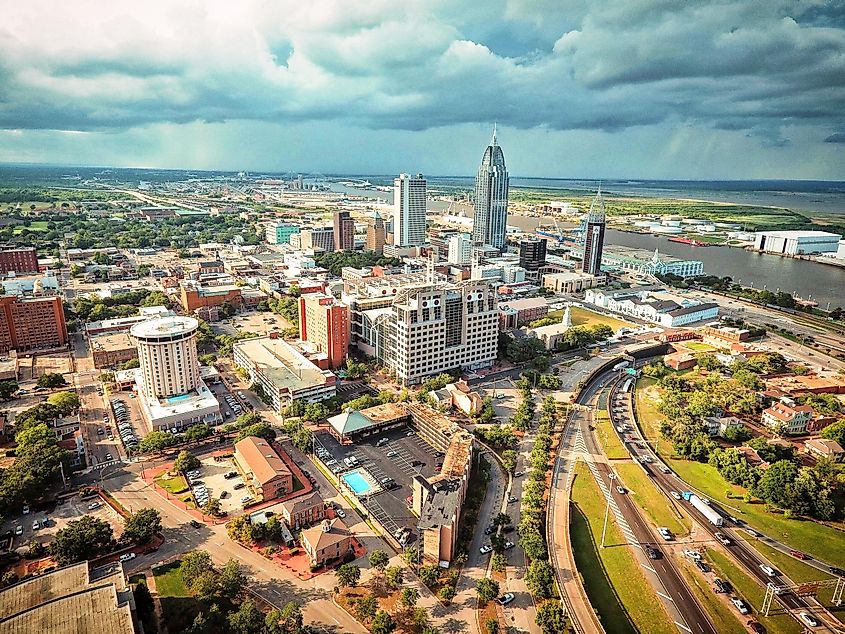 Aerial shot of downtown Mobile, AL.
