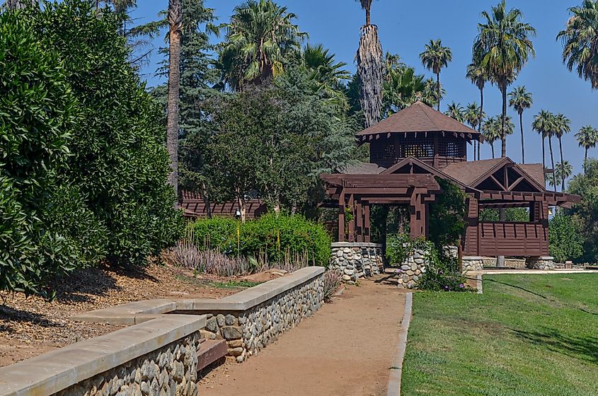 A shaded gazebo at the California Citrus State Historic Park in Riverside, California.