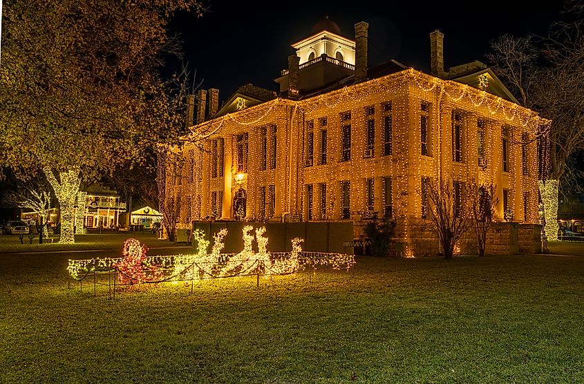 Lights decorating the courthouse in Johnson City, Texas.