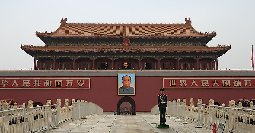Beijing, China - 13 November 2016: Forbidden City the imperial capitol of ancient Chinese dynasties in central Beijing. A large portrait of Mao Zedong (Mao Tse-Tung) at Tiananmen square.