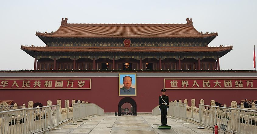 Beijing, China - 13 November 2016: Forbidden City the imperial capitol of ancient Chinese dynasties in central Beijing. A large portrait of Mao Zedong (Mao Tse-Tung) at Tiananmen square.