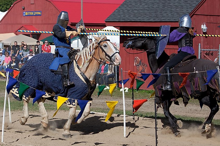 Knights joust on horseback at the  Connecticut Renaissance Faire
